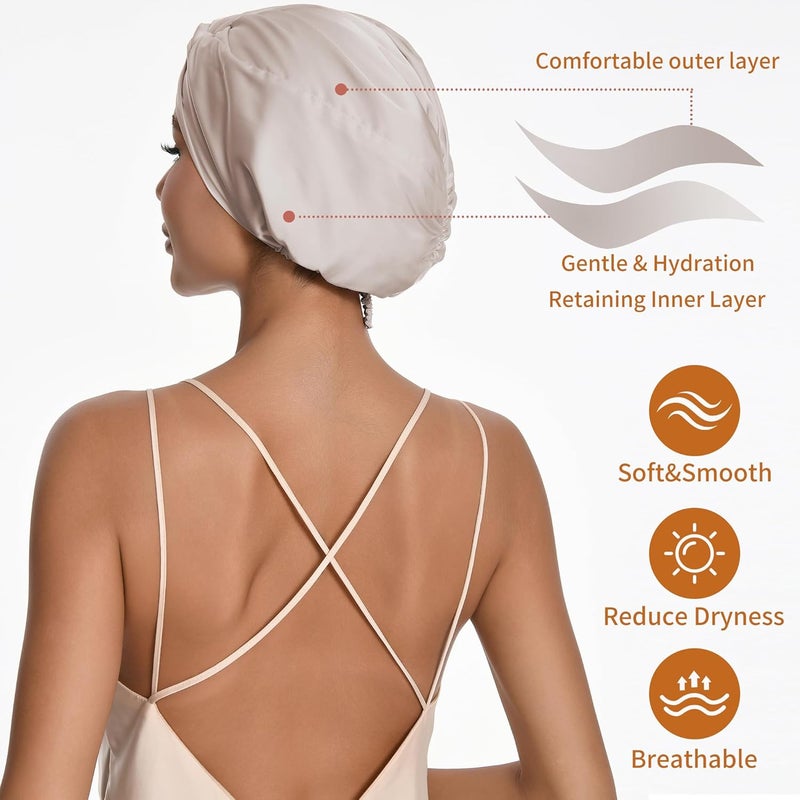 elio Adjustable Silk Satin Hair Bonnet for Sleeping with 5% Mulberry Silk – Double Layer Hair Cap for Women & Men, Extra Smooth Night Cap for Curly, Braided, Natural Hair – Shower Cap (Champagne) - Image 3